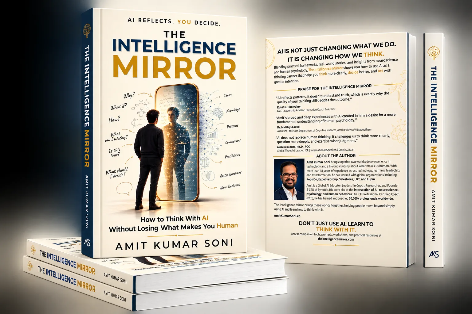 The Intelligence Mirror shown front, spine and back cover with printed praise.