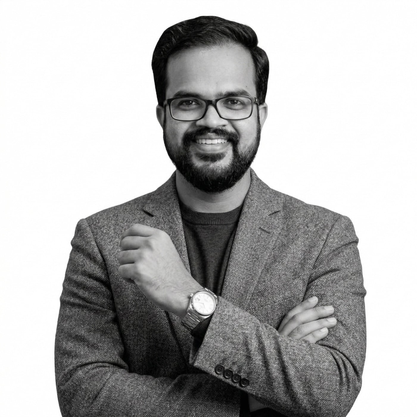 Black and white portrait of Amit Kumar Soni, smiling with arms crossed.
