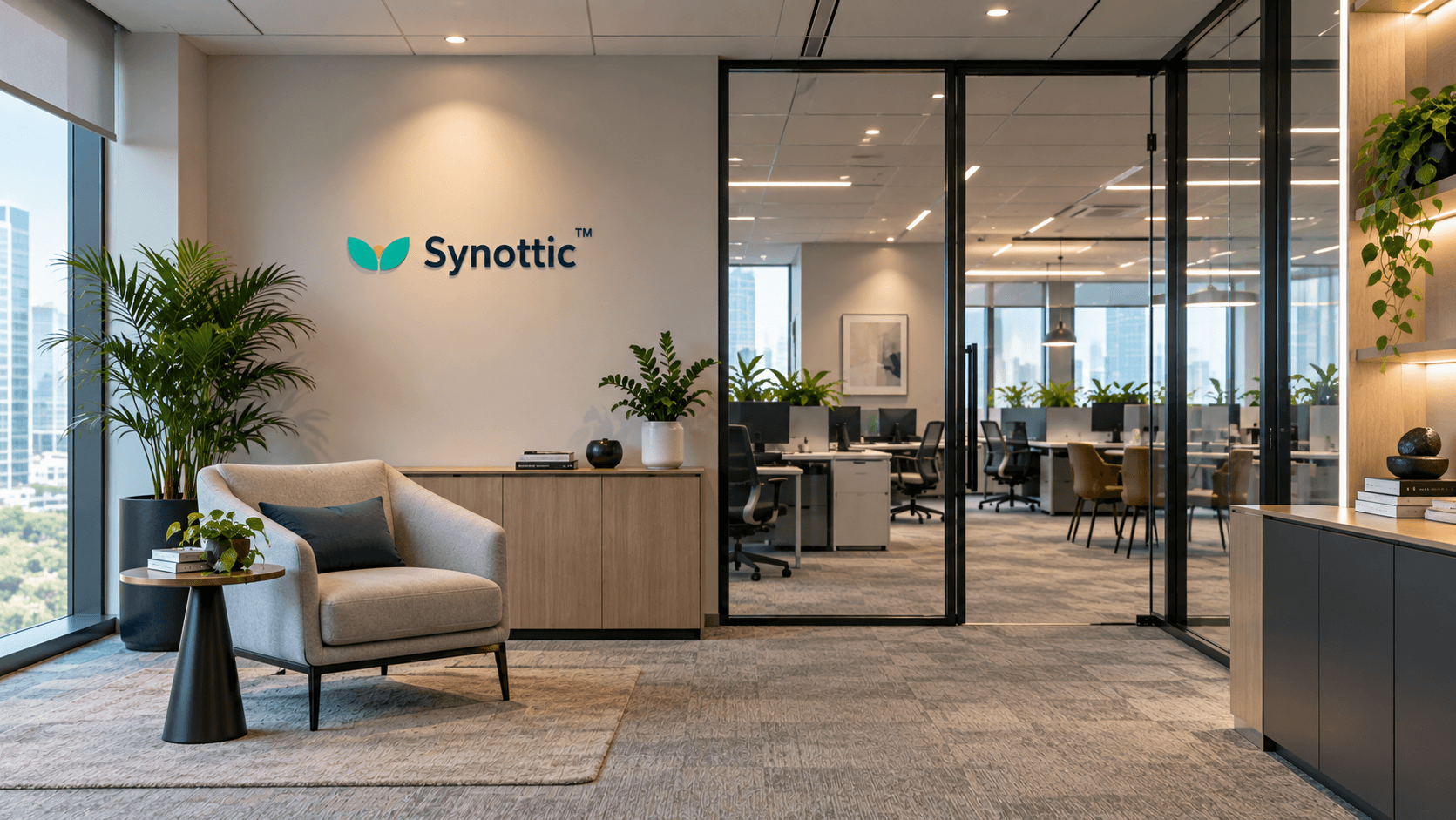 A Synottic office reception area with the brand logo on the wall, a lounge chair and a glass-walled workspace beyond.