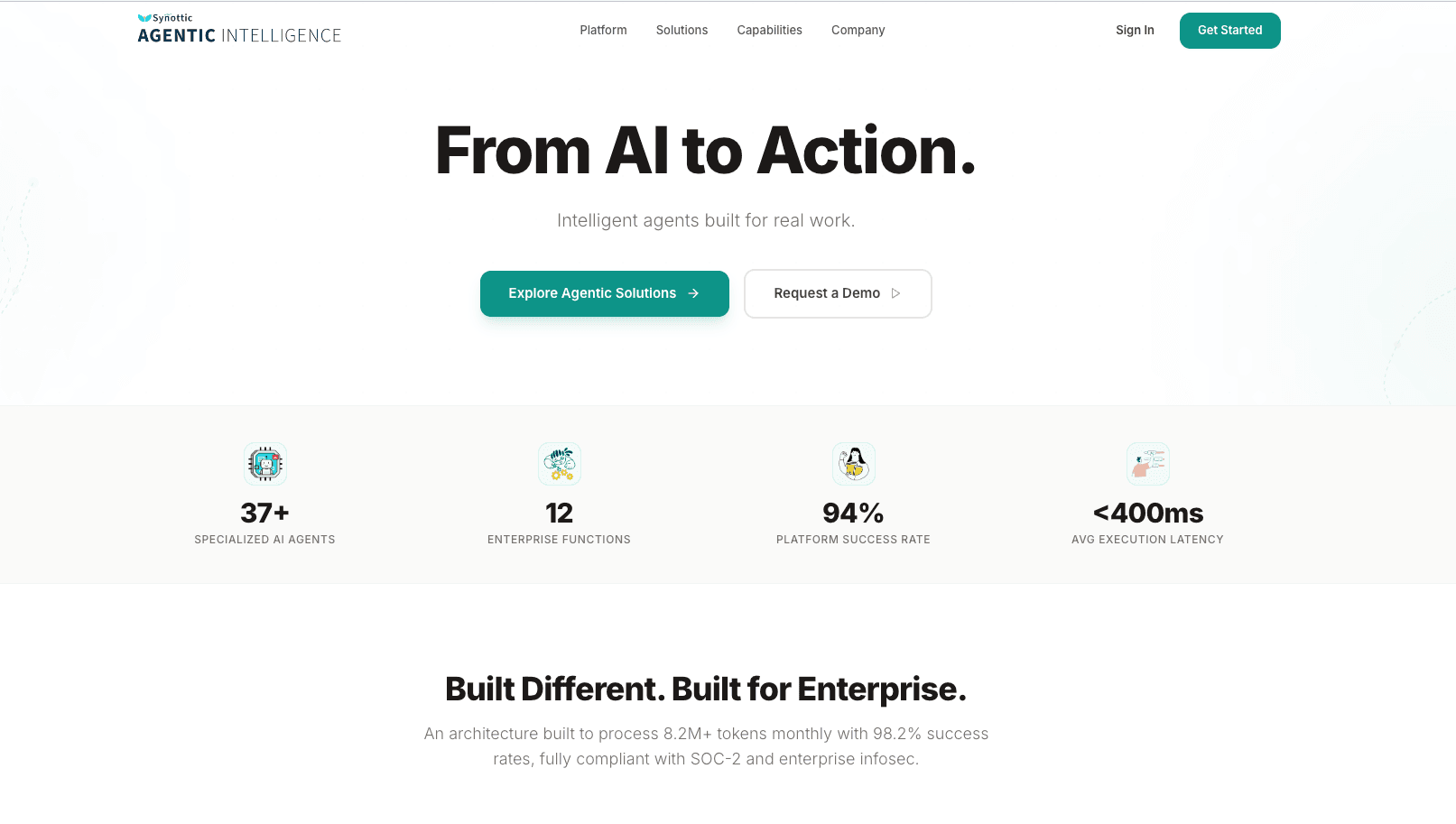Agentic Intelligence homepage: ‘From AI to Action’, with its platform stats.